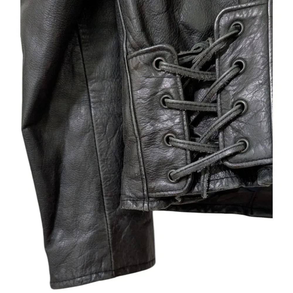 OZONE ROCKS Japanese Y2K VTG Black Leather Biker Jacket Quilted Lined Women's XS